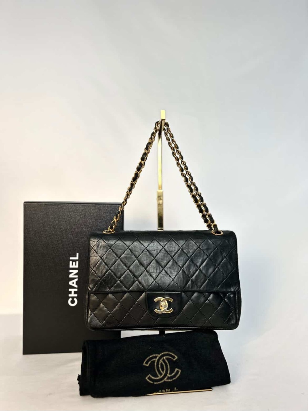 Authentic CHANEL Black Quilted Lambskin Shoulder Bag with Gold Hardware